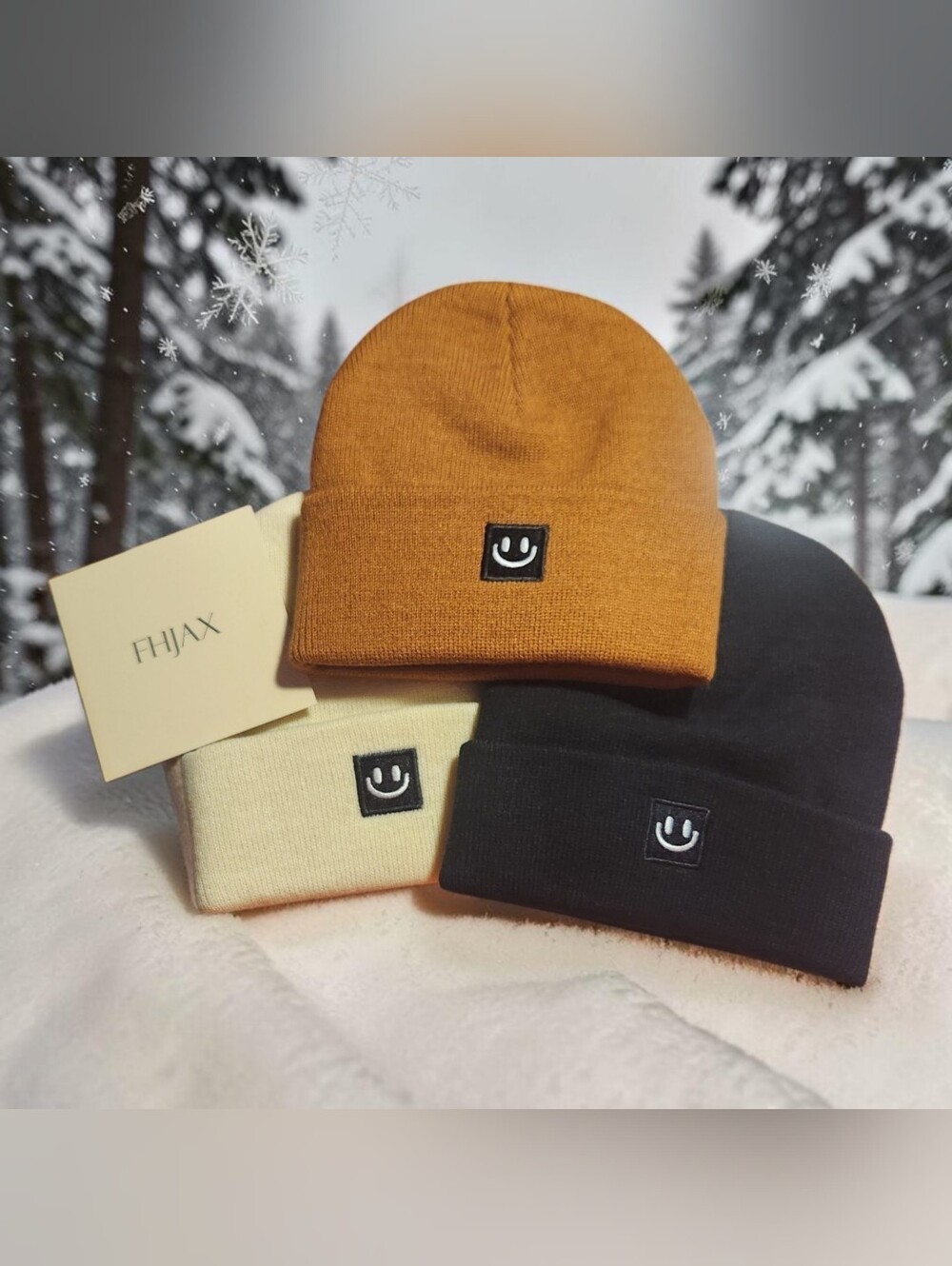 Jax Kids Smiley Beanie Trio - Mustard, Cream, Black. NWT